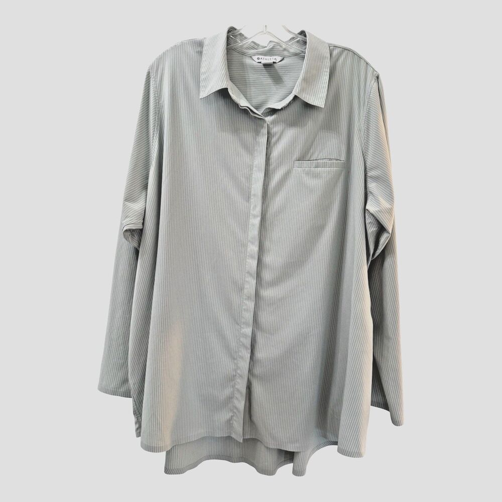 Athleta Women 2X Urbanite Top Button Down Green Pinstripe Stretch Wrinkle Resist